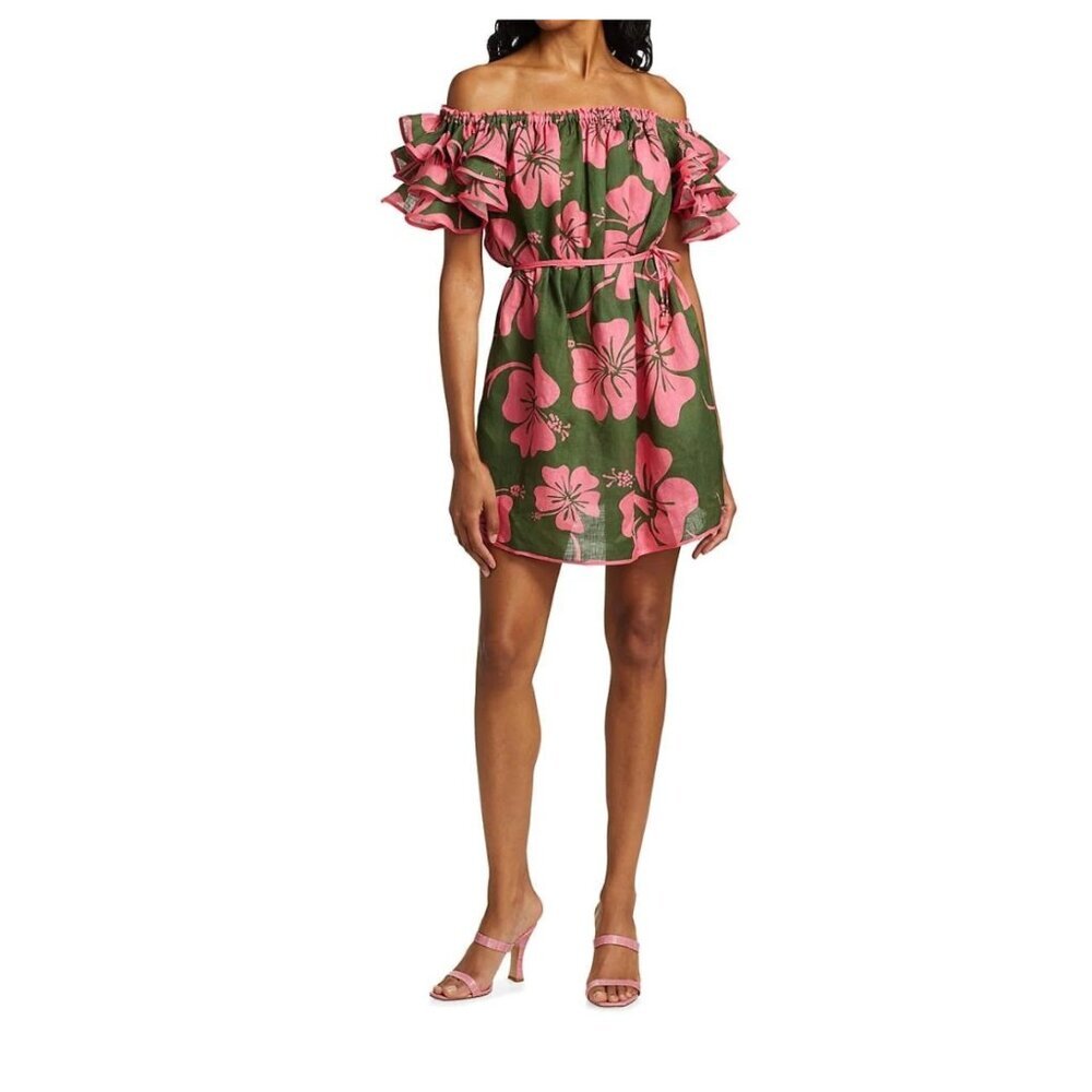 NWOT Zimmermann Lulu Mini Dress Womens 1 Small Pink Green Floral Linen NEW